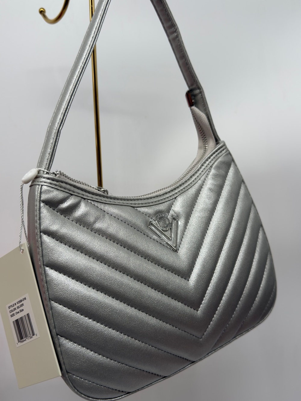 Quilted vegan leather  Metallic Silver Shoulder Bag - V Logo